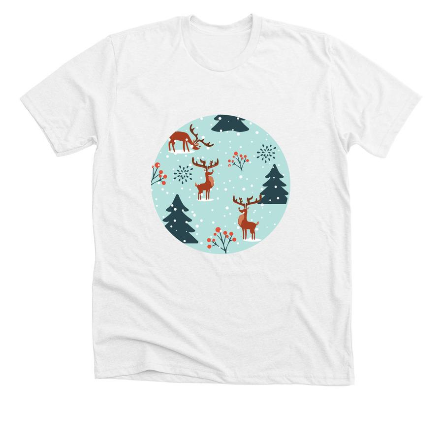 A winter shirt design that has snowy-themed graphics elk and trees.