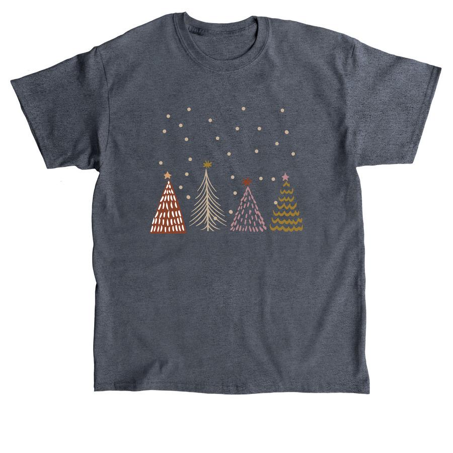 A winter shirt design that has graphics of snowy trees.