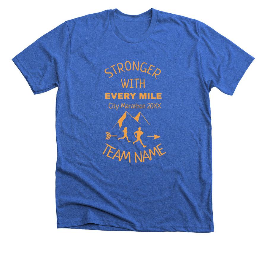 A royal blue marathon shirt that says, "Stronger with every mile".