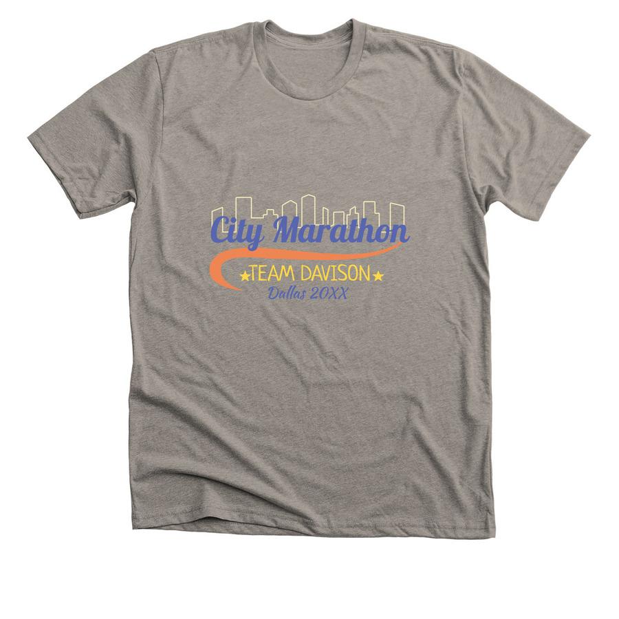 A stone grey marathon shirt that says, "Dallas marathon".