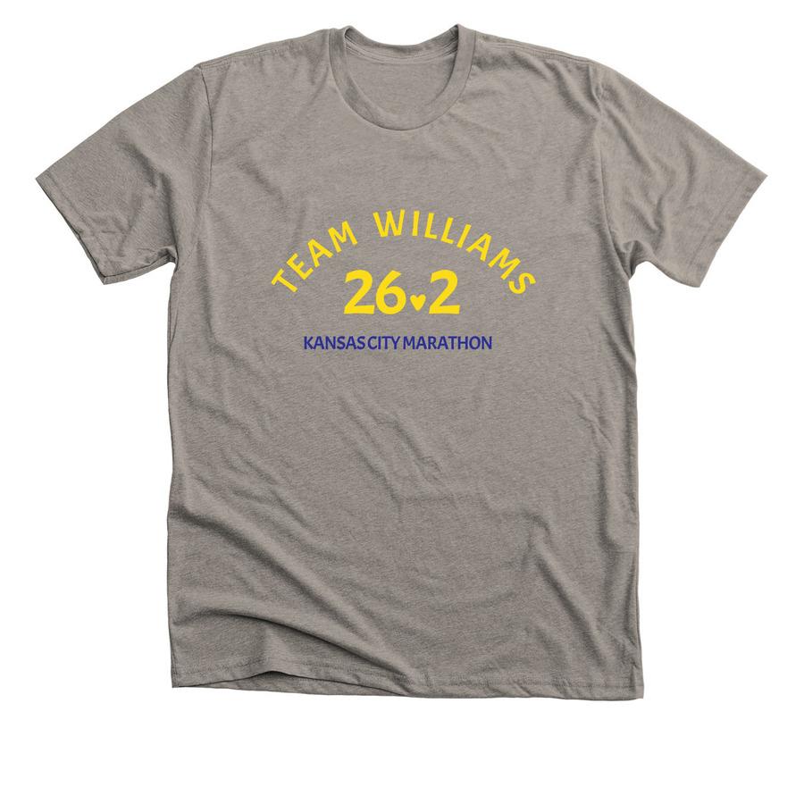 A stone grey marathon shirt that says, "Kansas City marathon - team Williams".