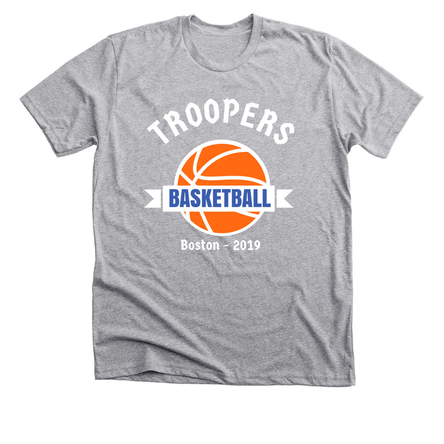 Grey basketball t-shirt design with text saying "troopers" and "basketball"