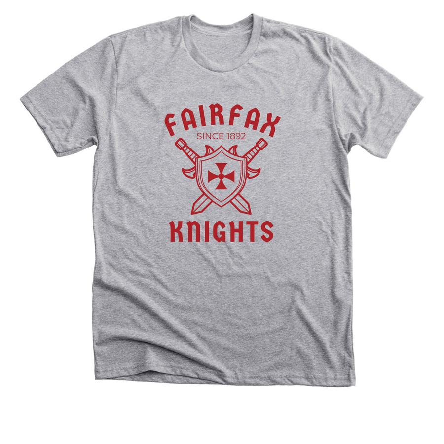 A dark grey school spirit shirt with red font and school mascot icon.