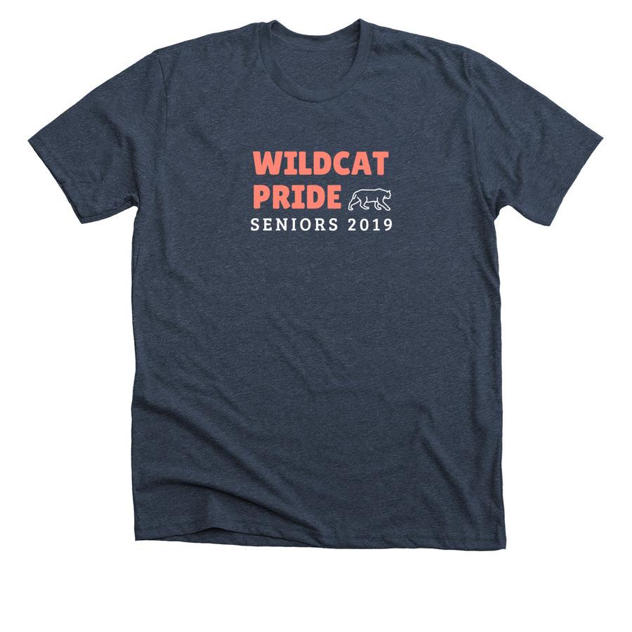 A navy blue short sleeve school spirit shirt with red and white font.