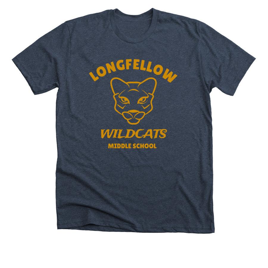 A navy blue school spirit shirt with gold font and a school mascot graphic.