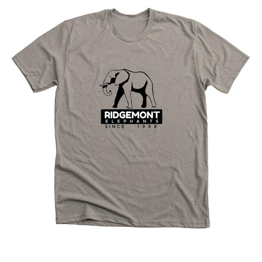 A stone grey school spirit shirt with an elephant school mascot graphic, and black and white font.