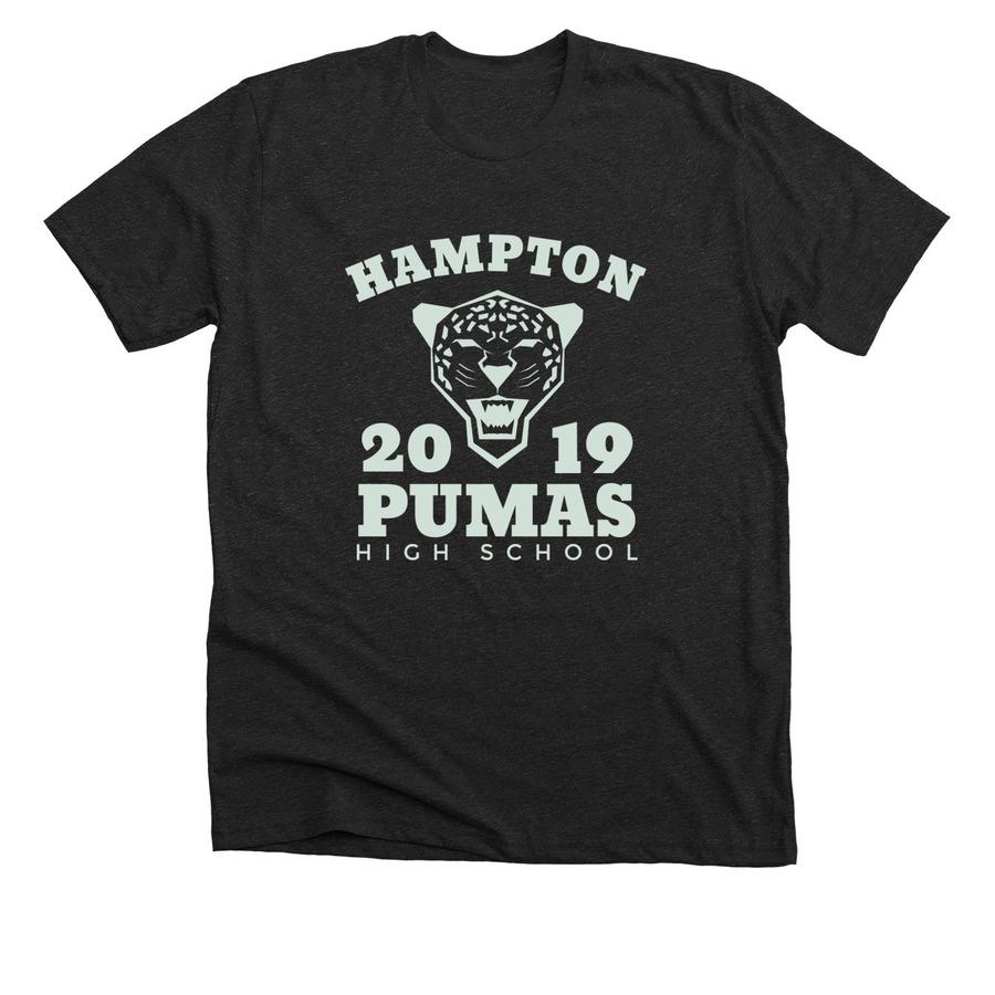 A charcoal black school spirit shirt light teal font and a puma mascot icon.