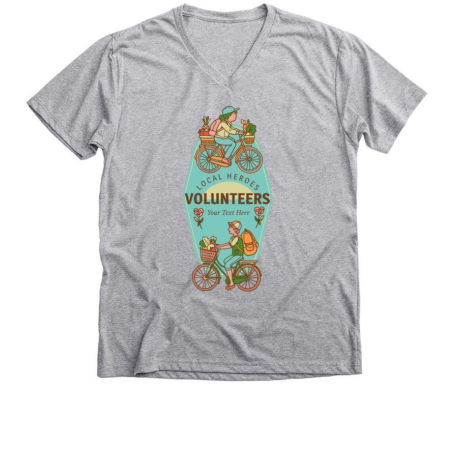 Dark Heather Grey, Turquoise, Military Green, White V-Neck Unisex Tee, Dark Heather Grey, Turquoise, Military Green, White Women's Slim Fit Tee, Dark Grey Heather, White Women's Relaxed V-Neck Tee with an illustration of volunteers on bicycles and text placeholders