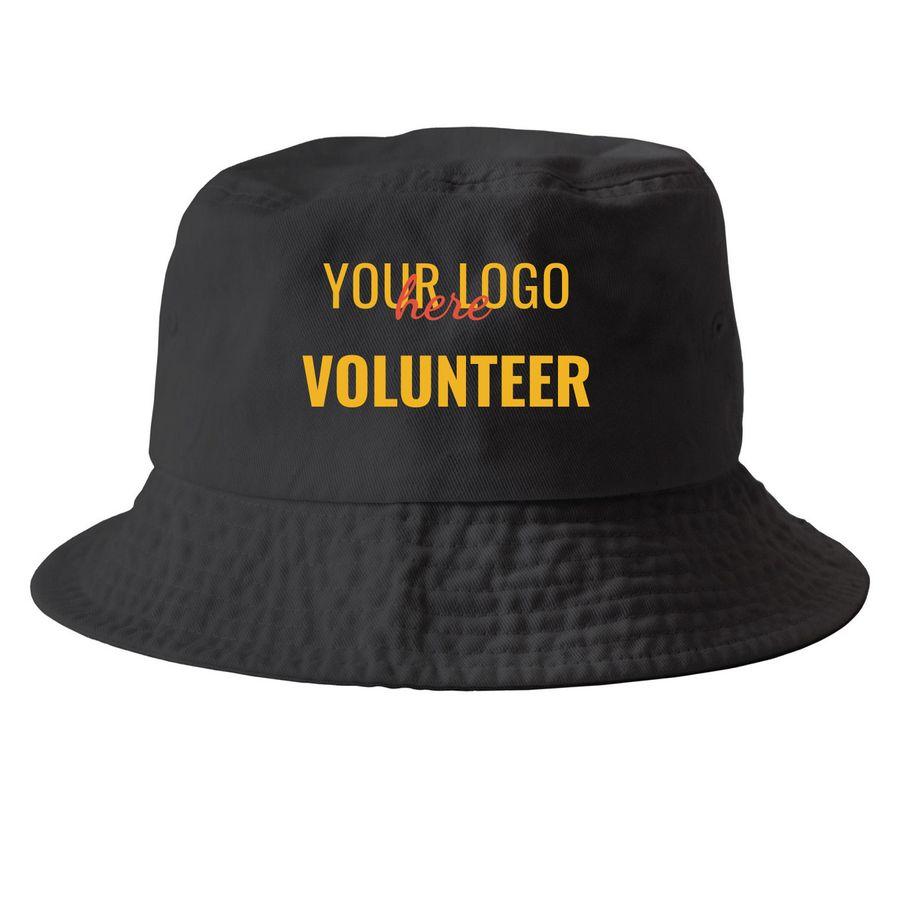 Black and Khaki Printed Classic Baseball Cap, Black and Khaki Printed Pigment Dye Baseball Cap, Black and Khaki Printed Bucket Hat with logo placeholder and text: Volunteer