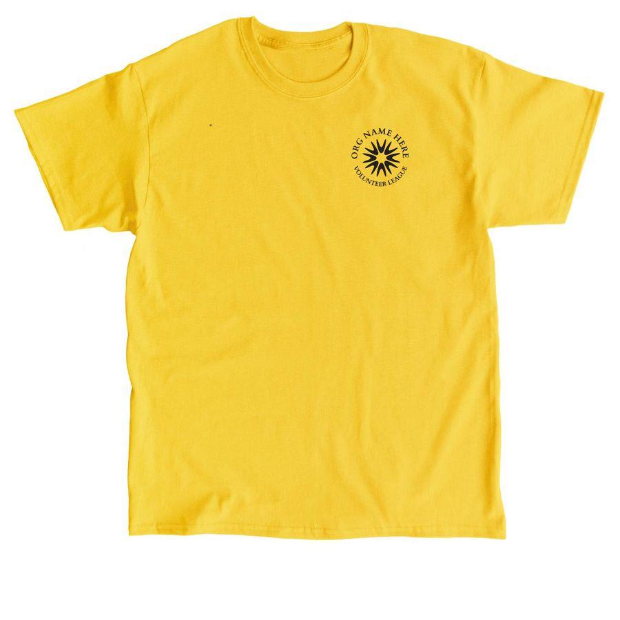 Orange, Banana Cream, and white Premium Unisex Tee, Daisy, Gold and white Classic Unisex Tee, white Premium Unisex Tank with pocket logo design on the front and design on the back with logo and text placeholders and text: Volunteer League