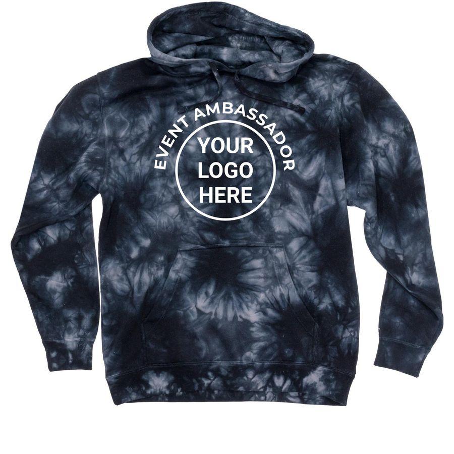 Purple and Black Classic Tie Dye Tee, Navy, Aqua Blue and Black Tie Dye Pullover Hoodie, Blue Jean, Pepper, Grey, Violet and Black Comfort Colors Unisex Tee with logo placeholder and text: Event Ambassador on the chest and Volunteer on the back
