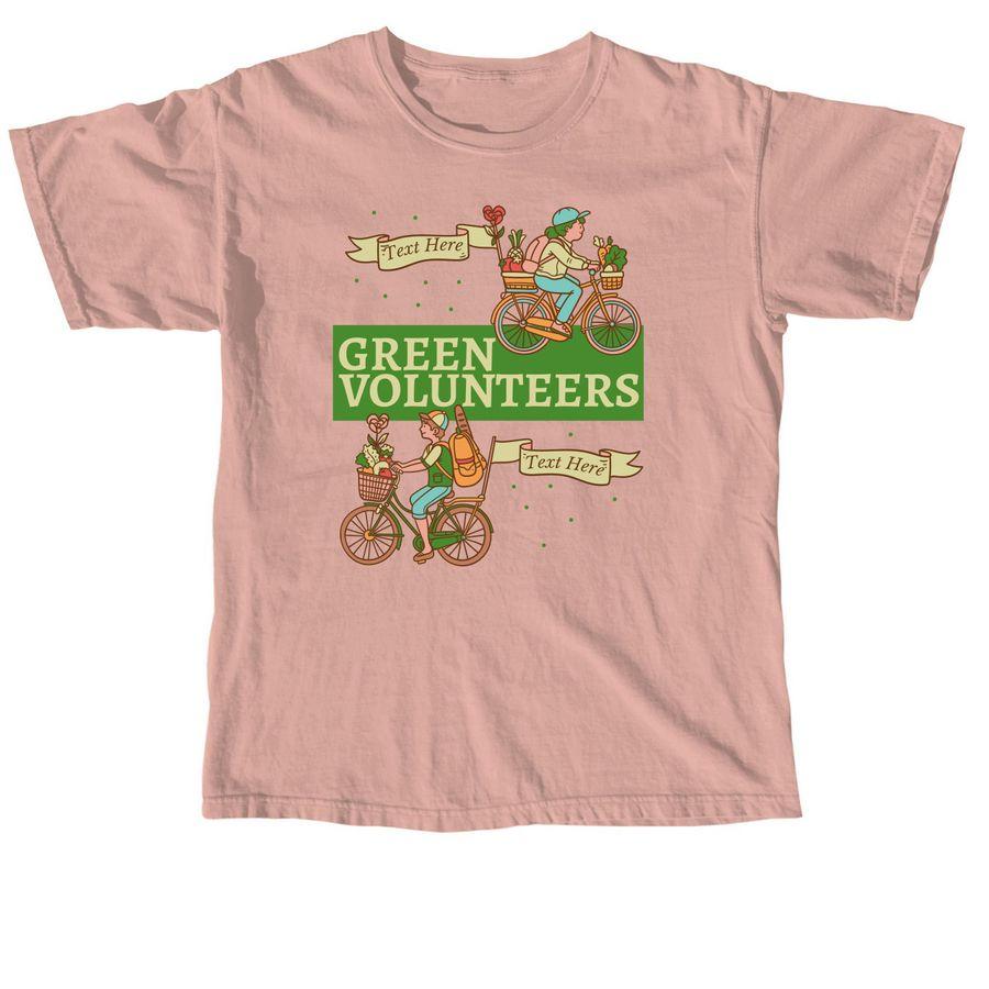 Pepper Grey, Peachy pink, Butter yellow Comfort Colors Unisex Tee,  Pepper Grey,  Butter yellow Comfort Colors Crewneck Sweatshirt with illustration of volunteers on bicycles and text placeholders