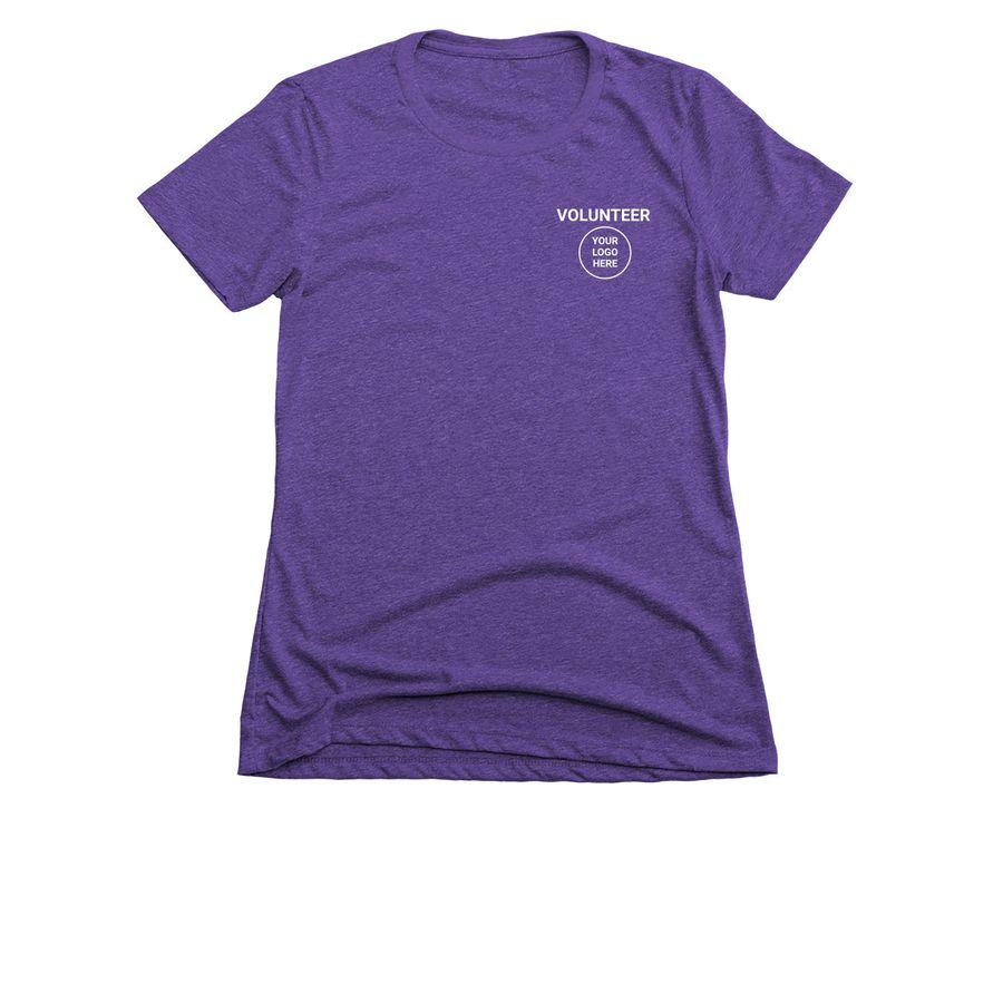 Purple Rush, Plum, Espresso Women's Slim Fit Tee, Black, Dark Grey Heather, Navy Women's Relaxed V-Neck Tee, Black, Navy, Charcoal Classic Unisex Tee with pocket design logo placeholder and text: Volunteer