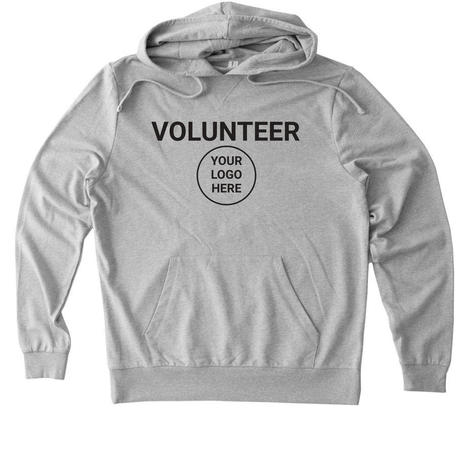 Aluminum Grey, Olive Me Green, Rise Up Red and White Allmade Eco Triblend Unisex Tee, Aluminum Grey, Olive Me Green, Rise Up Red and White Allmade Eco Triblend Tank, Granite Grey Heather, revolution Red, and WhiteAllmade Organic French Terry Pullover Hoodie with chest design logo placeholder and text: Volunteer