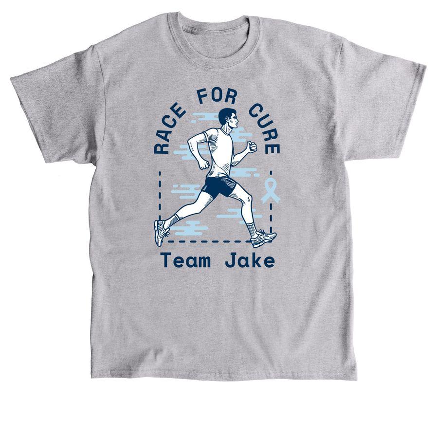 Premium Unisex Tee, Classic Unisex Tee, Softstyle Crewneck Sweatshirt fundraising design template with illustration of a man running and customizable text: Race for a Cure team name