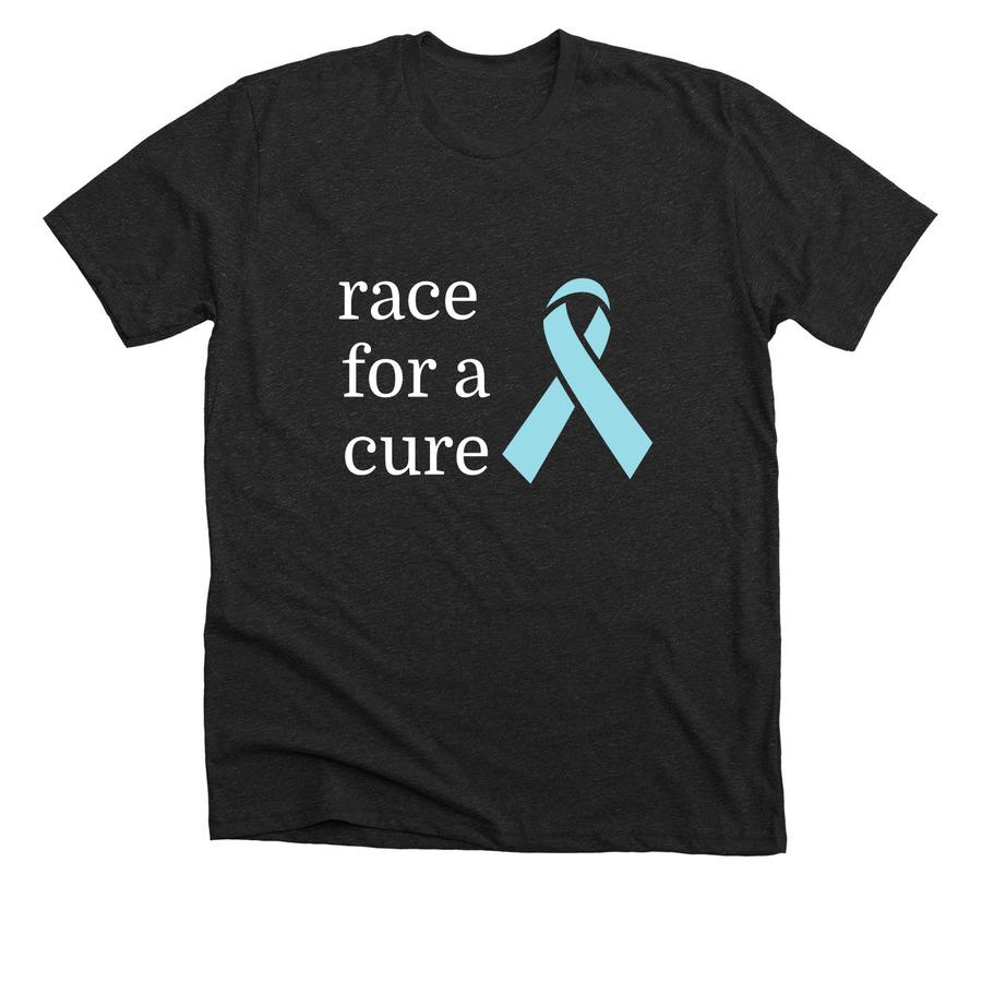 A dark heather grey fundraising shirt with ribbon image and text that says, "race for a cure".