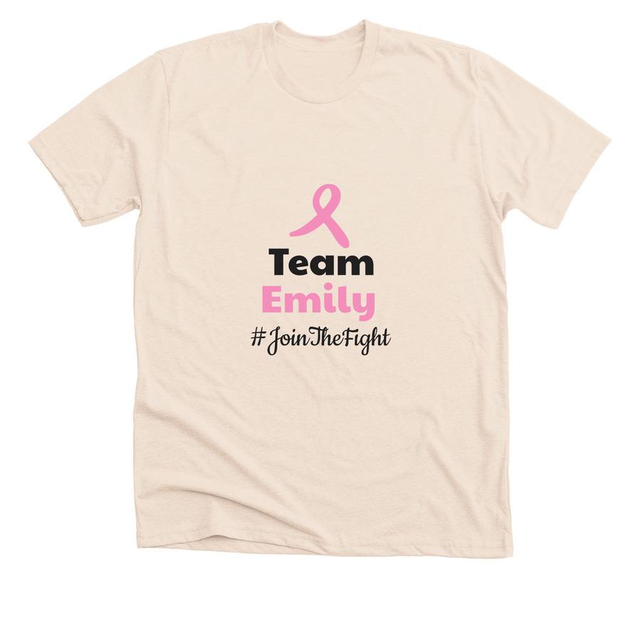 A fundraising shirt design that says, "Team Emily #jointhefight".