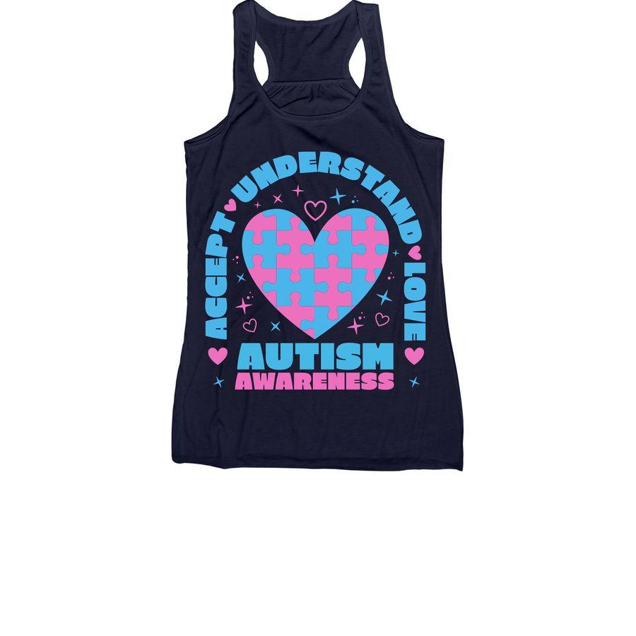 Premium Unisex Tee, Women's Racerback, Women's Relaxed V-Neck Tee Fundraising design template with puzzle-shaped heart and customizable text: Accept, Understand, Love; Autism Awareness
