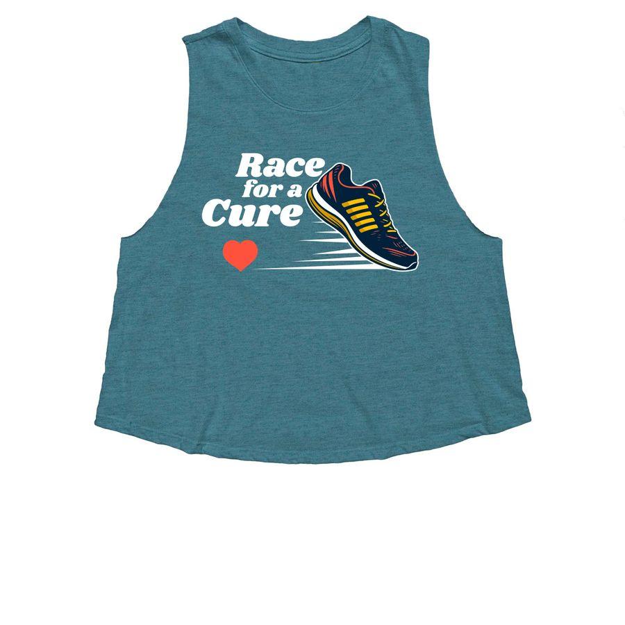 Comfort Colors Unisex Tee, Comfort Colors Tank Top, Women's Cropped Racerback Tank Fundraising design template with illustration of a running shoe, heart, and customizable text: Race for a Cure