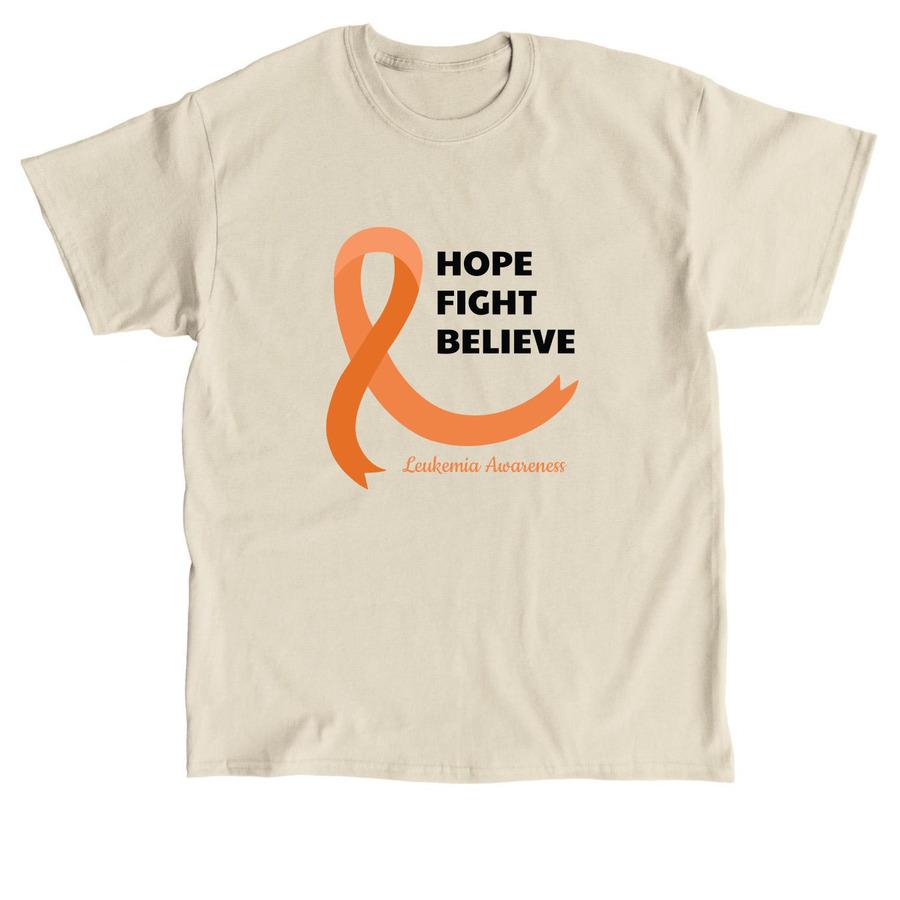A fundraising shirt design that says, "Hope, Fight, Believe - Leukemia Awareness".