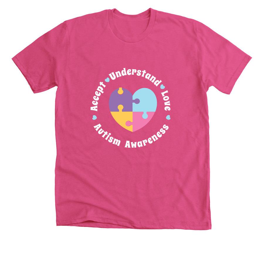 A fundraising shirt design that says, "Accept, Understand, Love - Autism Awareness".