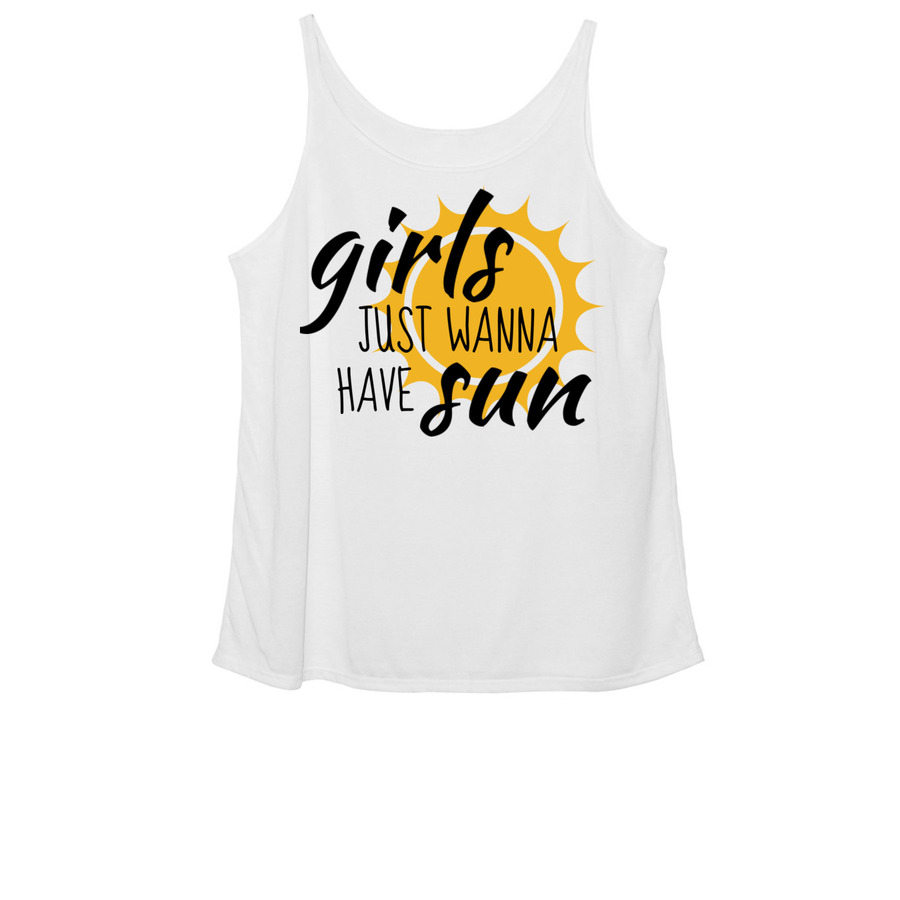 White vacation slouchy tank design with text saying "girls just wanna have sun"