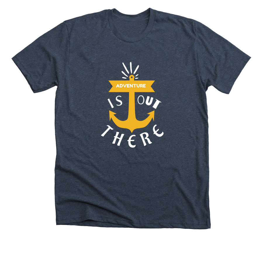 Midnight navy vacation t-shirt design with text saying "adventure is out there"