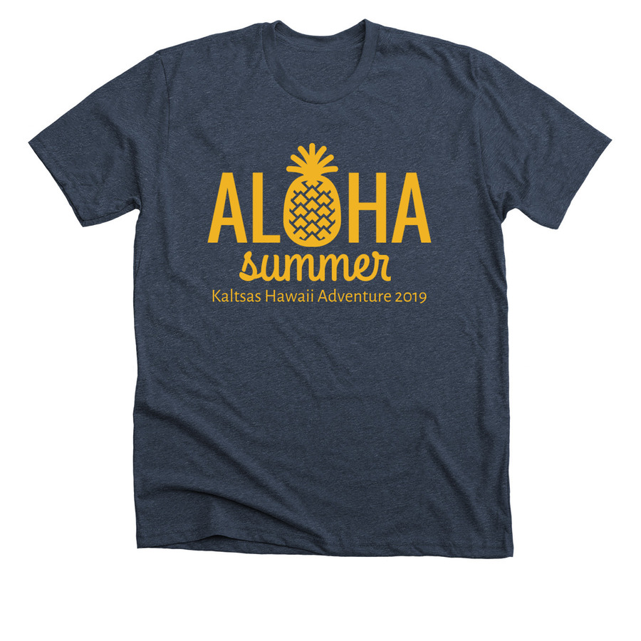 Midnight navy vacation t-shirt design with text saying "aloha summer"