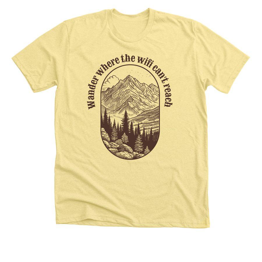 Premium Unisex Tee with illustration of outdoors, wilderness and the text Wander where the wifi can't reach