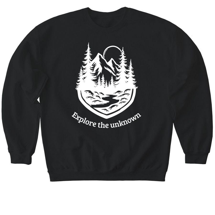 Classic unisex tea and soft style crewneck sweatshirt with a nature illustration with the text: explore the unknown