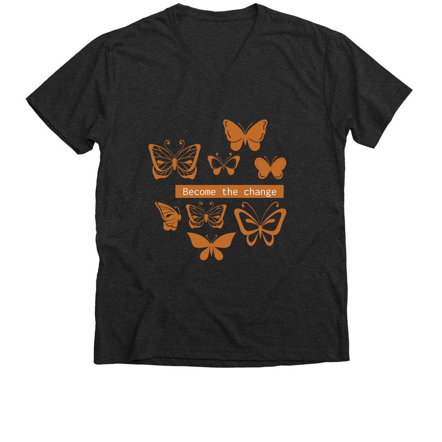 A black nature t-shirt with butterflies that says, "Become the change".