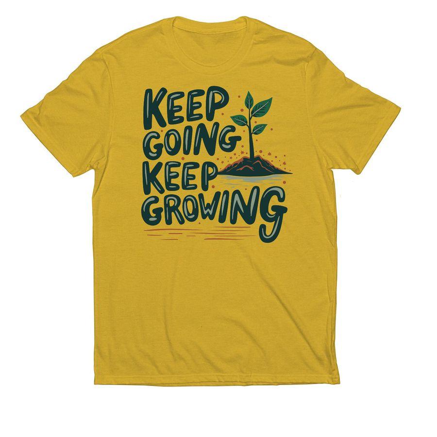 Allmade Organic Cotton Unisex Tee, Allmade Eco Triblend Unisex Tee with plant growing from soil, and text: Keep going, keep growing