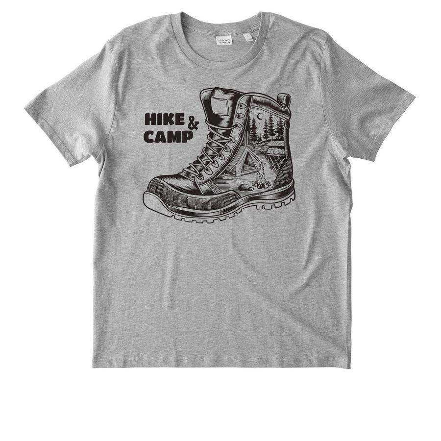 Stanley/Stella Unisex Rocker Tee with a hiking boot illustration and text Hike & Camp