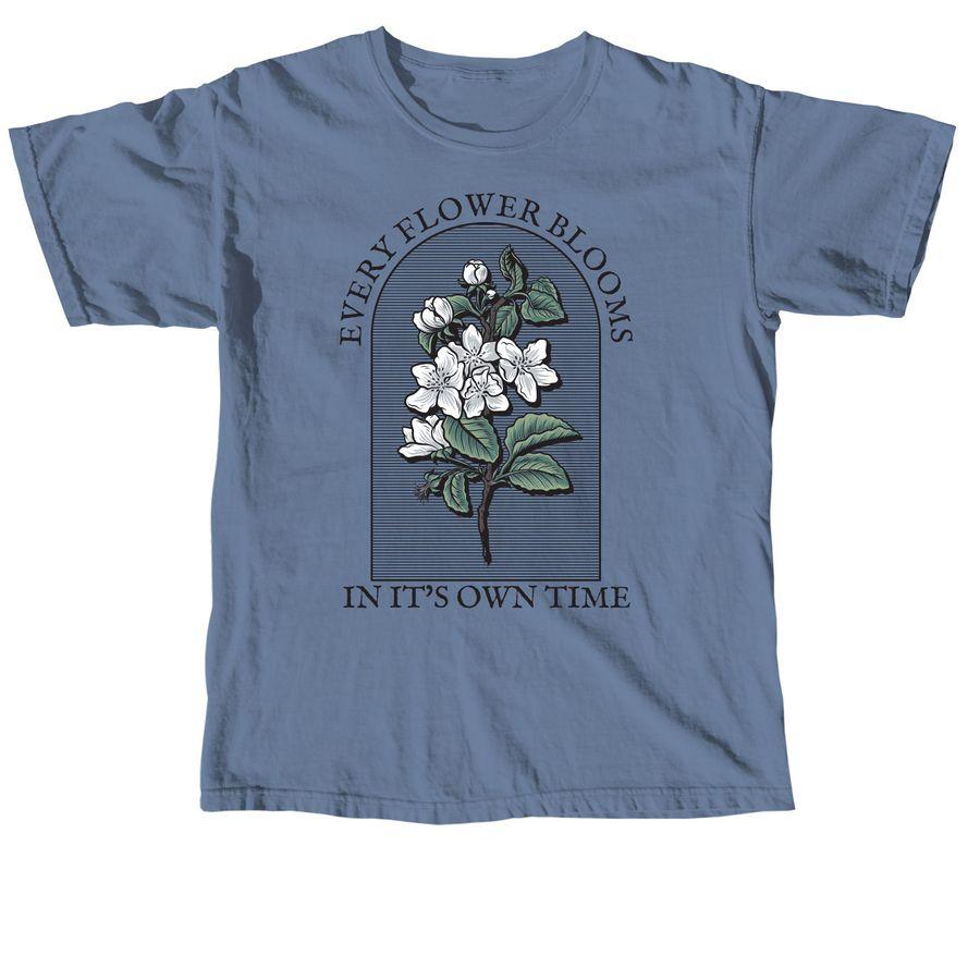 Comfort Colors Unisex Tee, Allmade Heavyweight Recycled Cotton Tee with an illustration of flowers and the text: Every flower blooms in its own time
