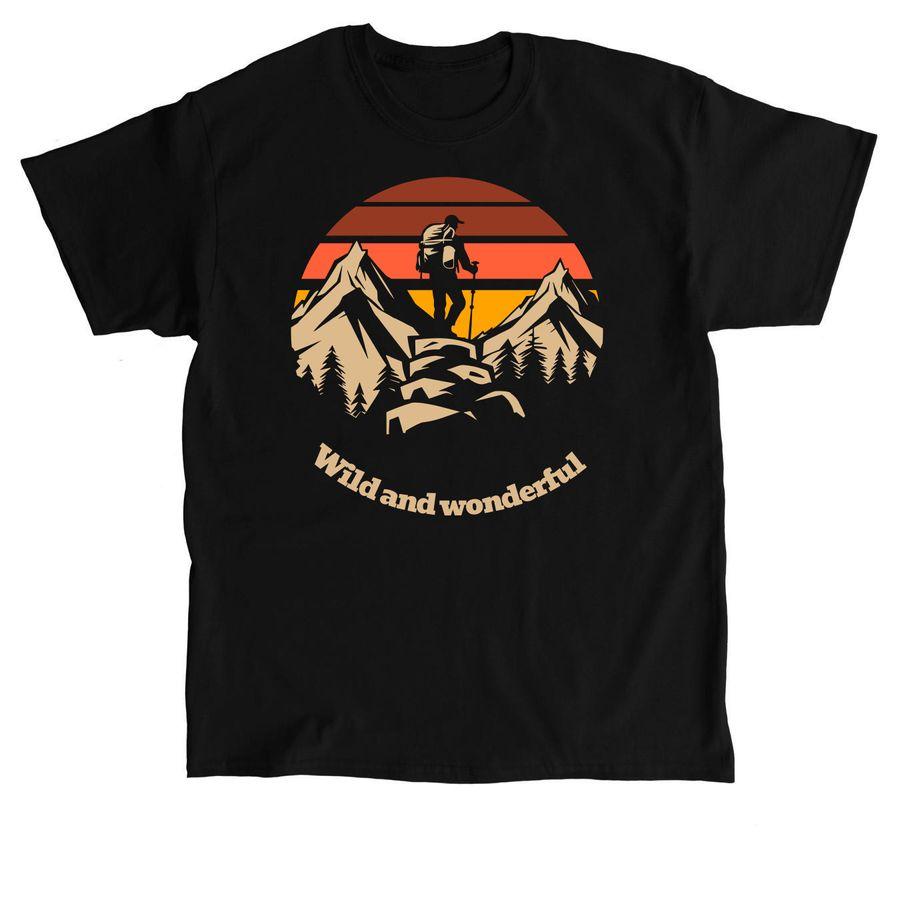 Premium Unisex tee, classic Unisex Tee, Softstyle Crewneck sweatshirt with an illustration of a mountaineer exploring and the text: Wild and Wonderful