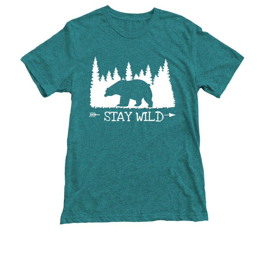 A teal nature t-shirt that says, "Stay wild".