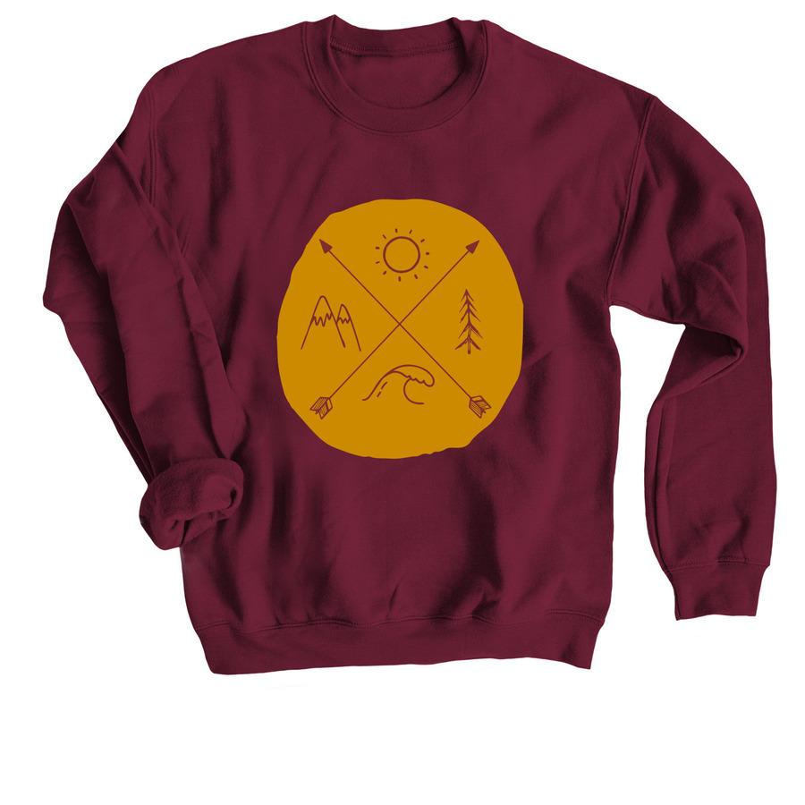 A maroon hoodie with a minimalist nature design featuring mountains, the sun, an ocean wave, and a tree.