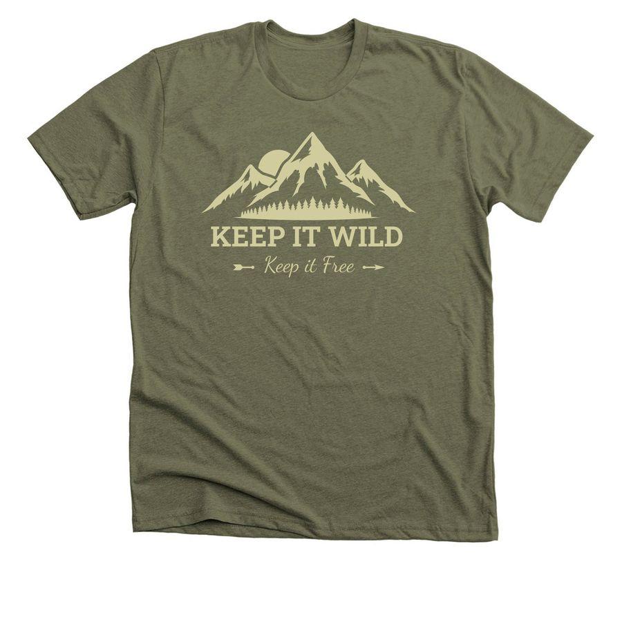 Premium Unisex Tee and Comfort Colors Unisex Tee with mountains illustration and the text: Keep it Wild, Keep it Free