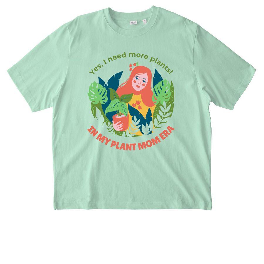 Stanley/Stella Unisex Creator 2.0 Tee, Stanley/Stella Unisex Freestyler Heavyweight Tee with illustration of a girl and her plants, and text: yes I need more plants; in my plant mom era