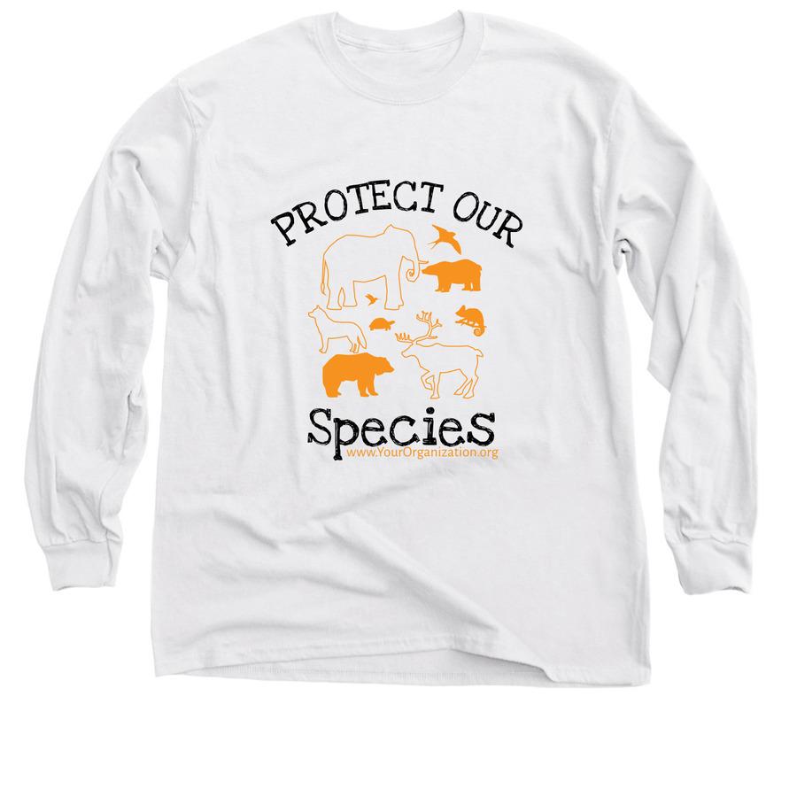 A white long sleeve nature t-shirt that has wildlife graphics and text that says, "Protect our species".