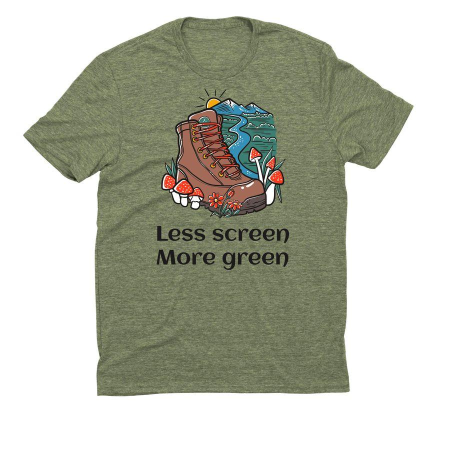 Allmade Organic Cotton Unisex Tee, Allmade Eco Triblend Unisex Tee, Allmade Heavyweight Recycled Cotton Tee with hiking boot and nature illustration and text: Less screen, more green
