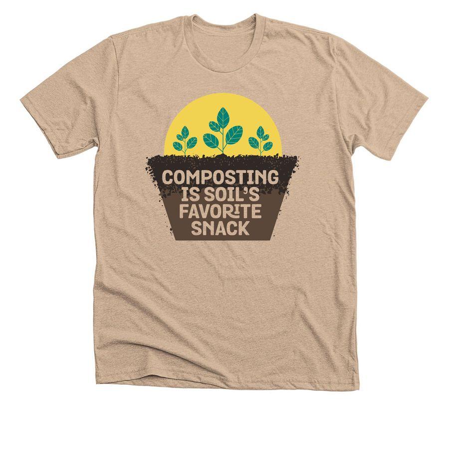Premium Unisex Tee, Softstyle Crewneck Sweatshirt with plants growing from soil and text: Composting is nature's favorite snack