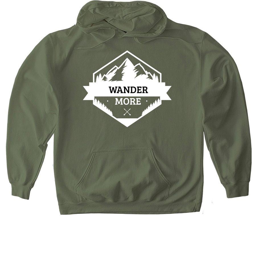 Classic Unisex Tee and Softstyle Pullover Hoodie with a mountain illustration and the text: Wander More