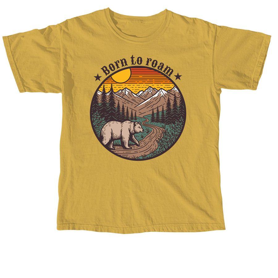 Comfort Colors Unisex Tee with an illustration of a bear in the wilderness and the text: Born to Roam