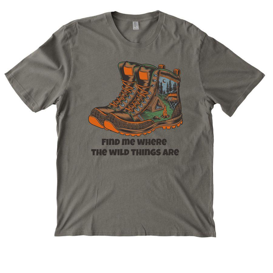 Allmade Organic Cotton Mineral Dye Tee with hiking boots illustration and text: Find me where the wild things are