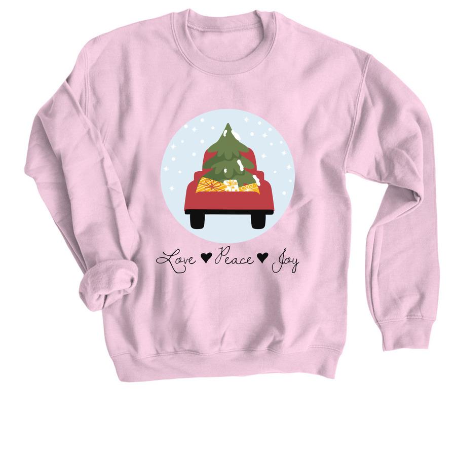A pink holiday sweatshirt that says, "Love, Peace, Joy".