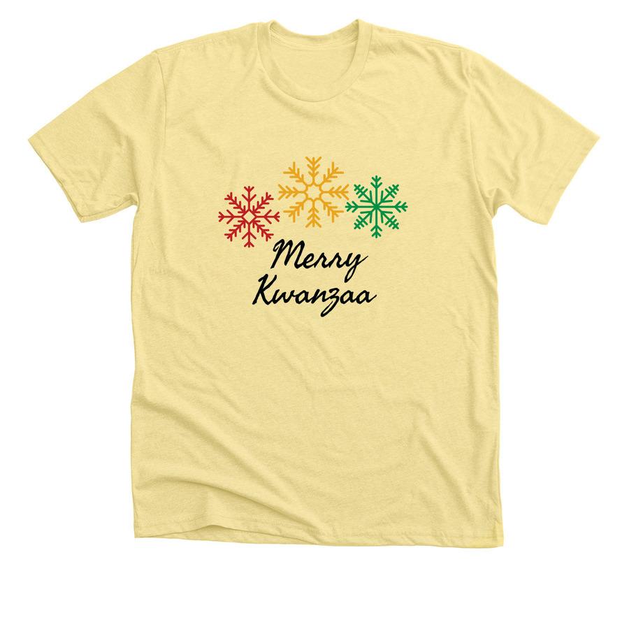 A yellow holiday shirt that says, "Merry Kwanzaa".