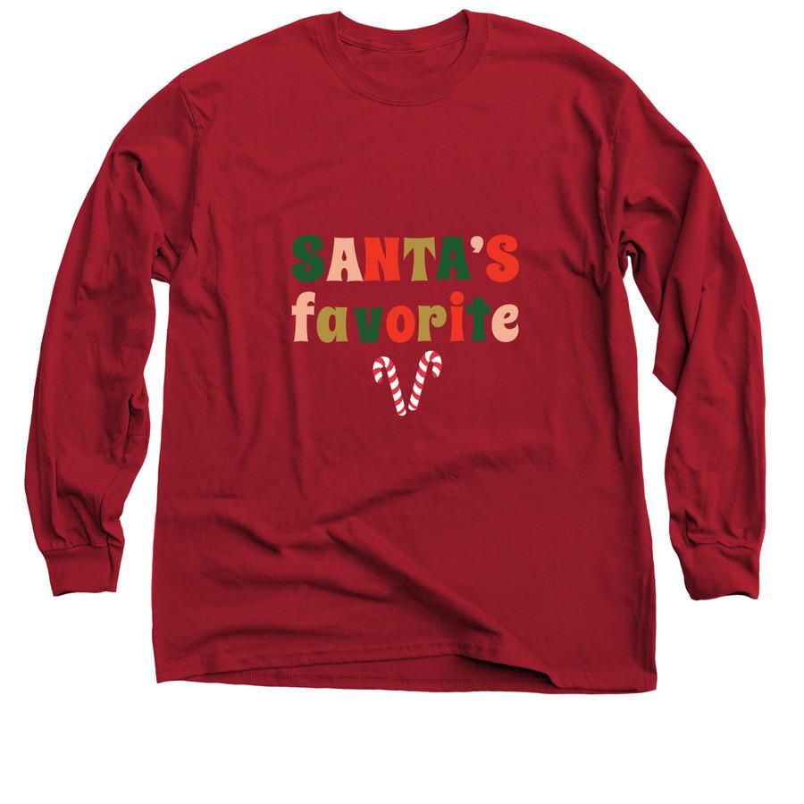 A red holiday sweatshirt that says, "Santa's favorite".