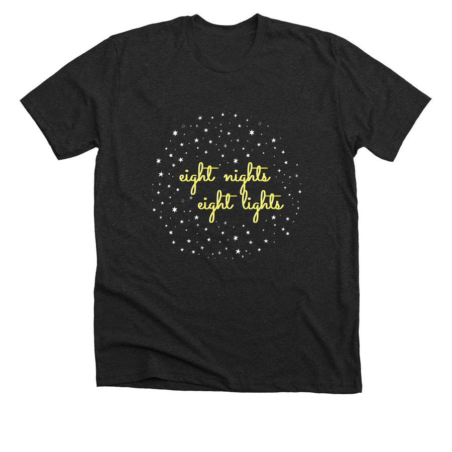 A black holiday shirt that says, "Eight nights, eight lights".