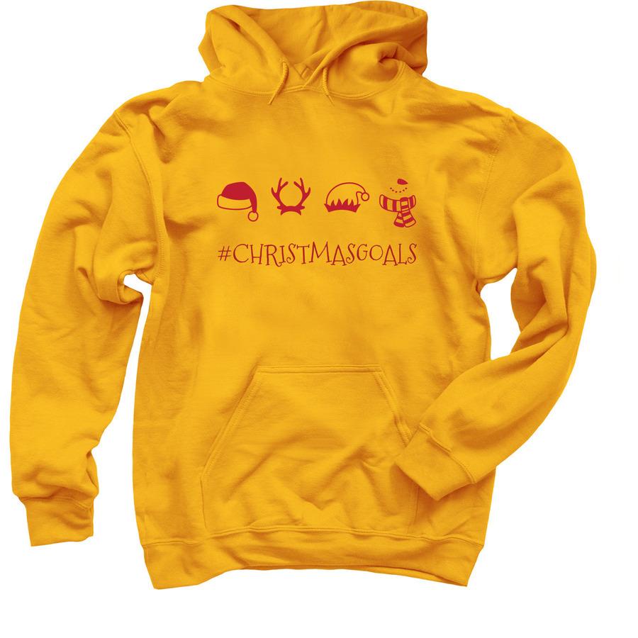 A yellow holiday sweatshirt that says, "#ChristmasGoals".